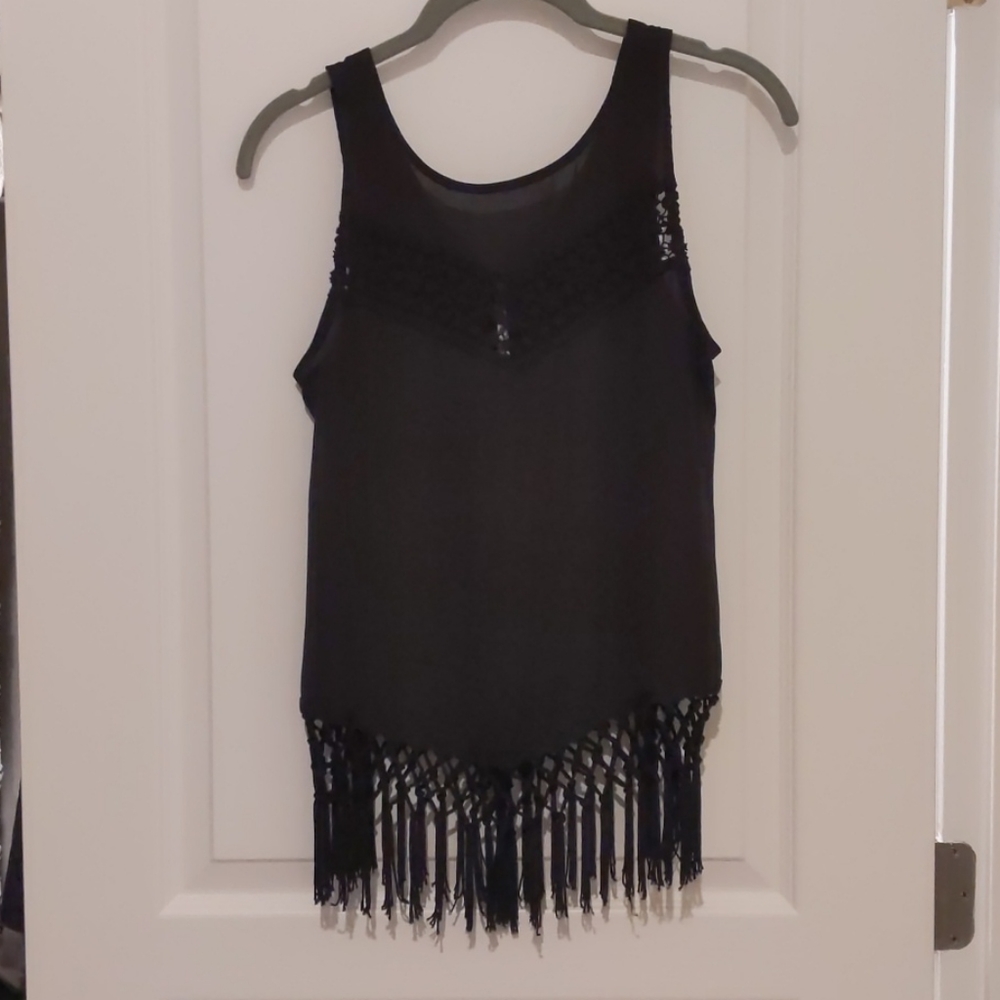 Sheer Black Tasseled Tank Top